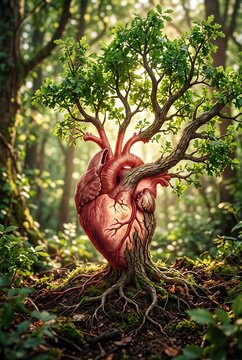 Heart-Shaped Tree Growing from Soil Symbolizing Health, Nature and Sustainable Life