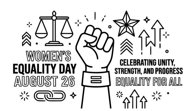 Women's Equality Day black white outline icon set banner collection | Raised fist scales justice equal sign star empowerment editable stroke illustration on white background