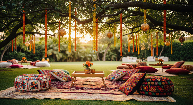 Bohemian outdoor garden party setup, traditional Indian wedding decor with colorful cushions and rugs, festive celebration under a large tree