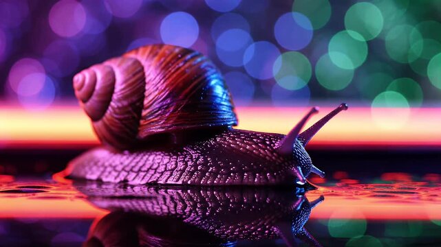 Close-up of a snail with glowing, colorful bokeh lights and reflection