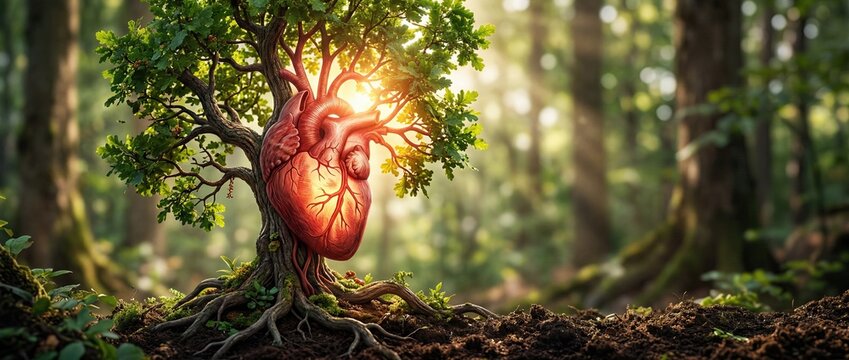 Heart-Shaped Tree Growing from Soil Symbolizing Health, Nature and Sustainable Life