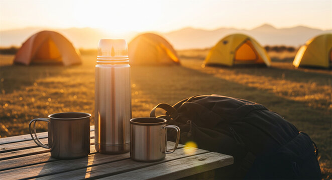Camping gear with thermos and mugs at sunrise, outdoor adventure basecamp with tents, mountain landscape morning hiking scene