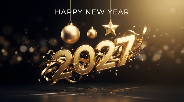 Golden happy new year 2027 celebration with ornaments and sparkling lights on black background