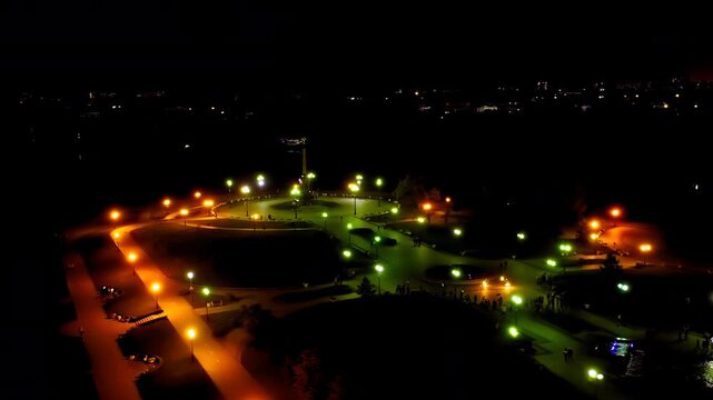 Yaroslavl, Russia. Strelka (Spit), Kotorosl flows into the Volga River. City lights at night. Drone footage, Point of interest