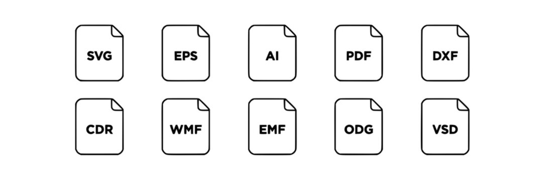 File Icons Representing Various Vector File Formats Arranged in Two Rows Featuring Icon, Format, Svg with Eps and Ai Elements