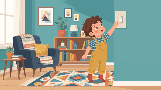 A young boy turning on light switch.