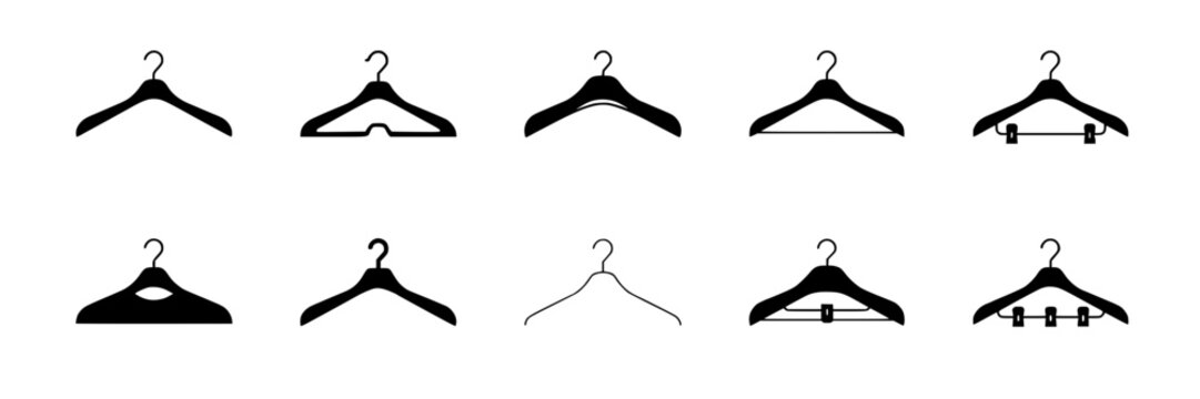 Hangers in Various Styles and Designs Arranged in Two Rows Featuring Hanger, Clothing, Wardrobe with Hook and Plastic Elements