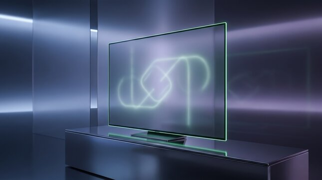 Futuristic sleek transparent smart television display monitor glowing with green geometric neon light on elegant dark metallic surface background