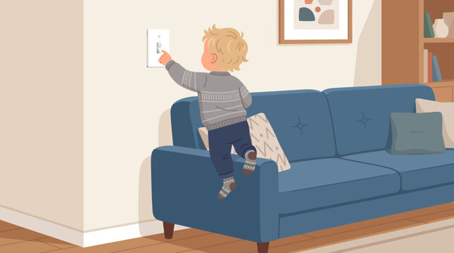 A young boy turning on light switch.