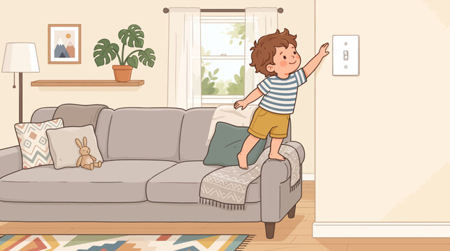 A cartoon boy turning on the light switch.