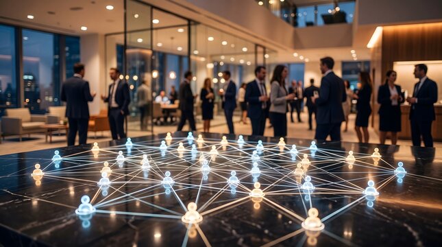 Abstract digital network visualization glowing connection nodes on dark marble surface with blurred silhouettes of business people walking in background office.