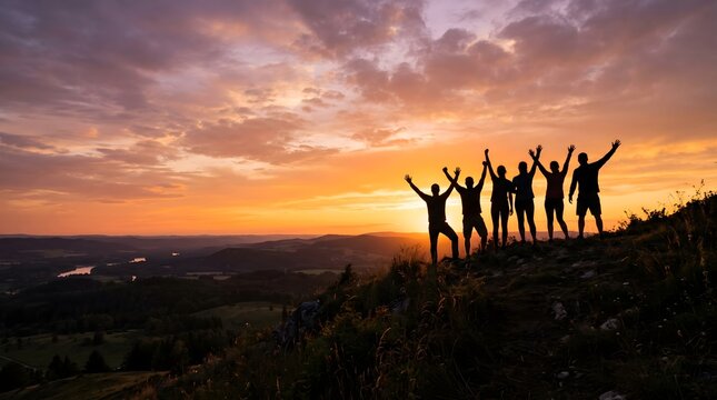 Group of friends standing on mountain top with raised hands during sunset enjoying scenic landscape view after hike representing success and team spirit energy.