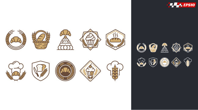 Collection of bakery and pastry shop emblems and logos featuring bread croissants cupcakes and chef hats in a vintage style.