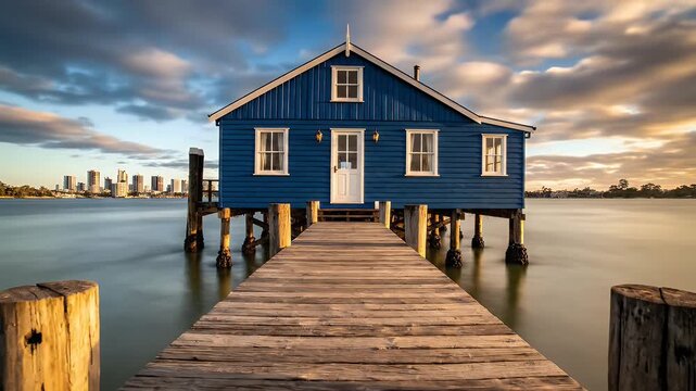 A blue boathouse stands on stilts over calm water with a city skyline
