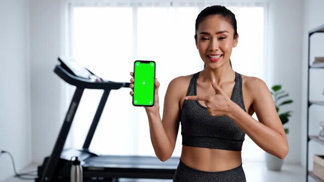 Smiling young Asian woman showing and pointing at a smartphone with a green screen in a home gym, promoting fitness app or healthy lifestyle.