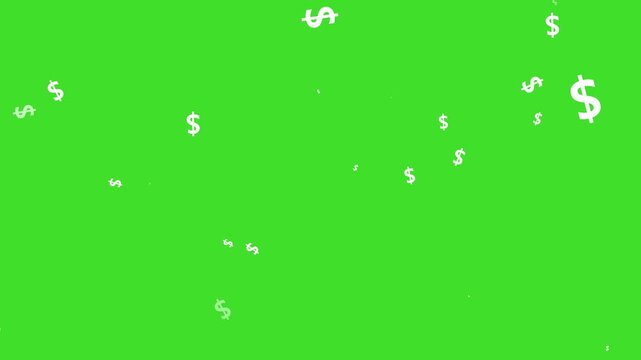 luxury usd currency icon explosion overlay 4k, dollar signs particles flying and bursting, rich money rain effect on green background, alpha channel seamless loop