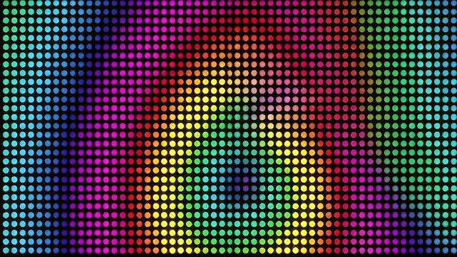 Background of numerous glowing, colorful circles arranged in rows and columns