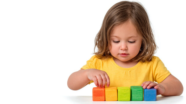 A young girl in a yellow shirt focused on arranging colorful wooden blocks in a row against a plain white background.