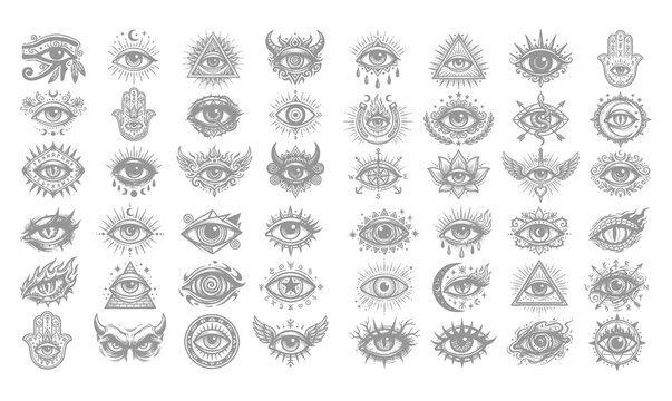 Esoteric evil eye tattoo design set mystic spiritual occult symbols illustration.