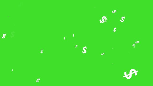 dynamic usd dollar signs explosion overlay 4k, realistic white dollar particles bursting with shine, luxury wealth animation on green screen background, alpha channel seamless loop