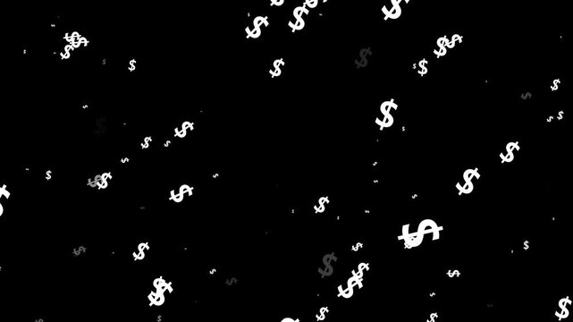 white usd currency explosion 4k, realistic dollar sign particles bursting and floating, wealth money overlay animation on black background. alpha channel seamless loop