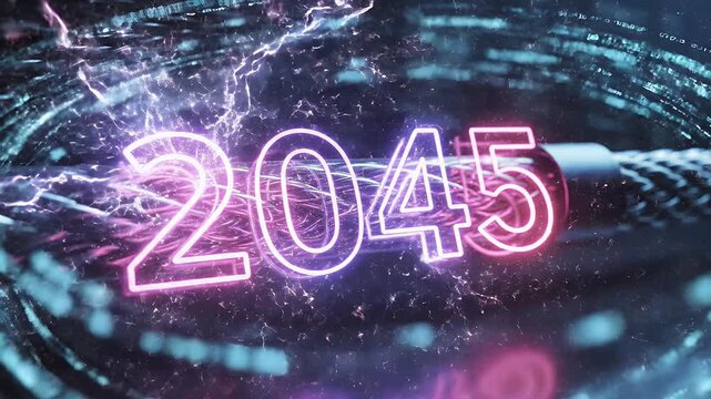 Neon-outlined year 2045 glows amidst a futuristic, data-stream-filled cable conduit
