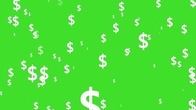 dynamic usd dollar signs explosion overlay 4k, realistic white dollar particles bursting with shine, luxury wealth animation on green screen background, alpha channel seamless loop
