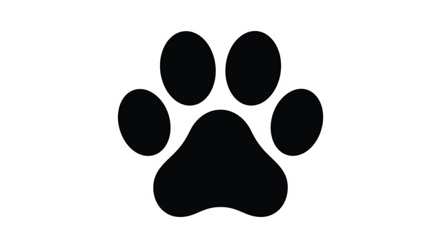 minimalist black silhouette paw print icon with four oval toe pads and rounded central pad, stylized vector illustration symbolizing animals, pets, wildlife, tracking and companionship design