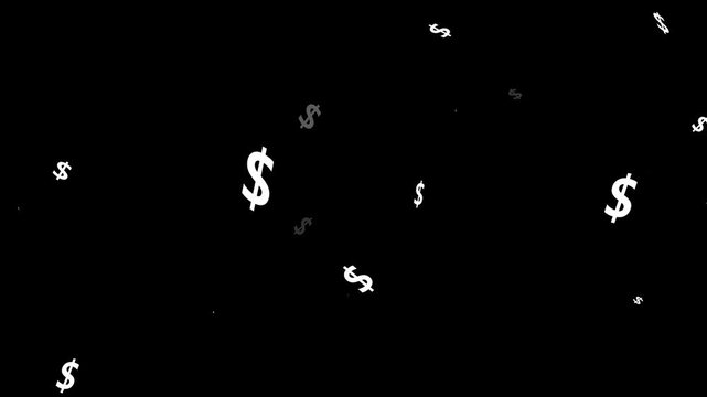 usd currency explosion overlay 4k, bright white dollar signs particles bursting with light, luxury money explosion animation on black background, alpha channel seamless loop