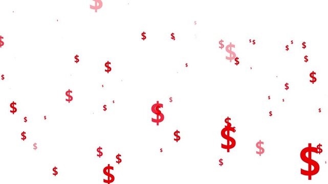 Red usd currency icon explosion overlay 4k, realistic dollar signs particles bursting and falling, luxury money rain animation on white background, sparkling wealth effect, alpha channel seamless loop
