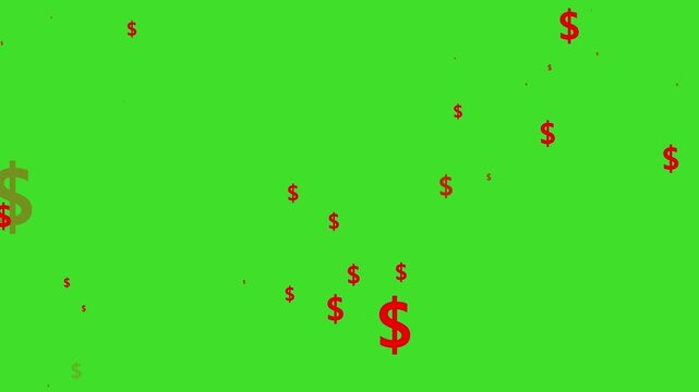 Red usd currency icon explosion overlay 4k, realistic dollar signs particles bursting and falling, luxury money rain animation, sparkling wealth effect, alpha channel seamless loop