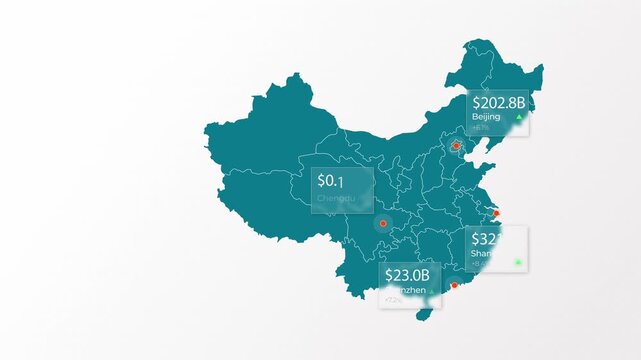 China map economic data visualization showing dynamic financial growth trends in a digital motion video clip