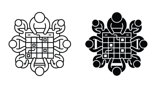 Team strategic planning session table icon set with planning strategy business