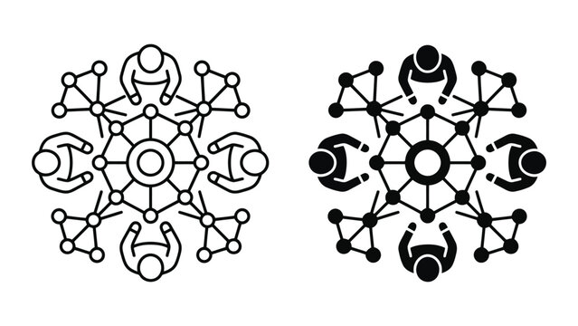 Business team collaboration meeting around central network node icon
