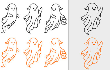 Fototapeta premium Cute Hand Drawn Ghost Character Set for Halloween Decorations and Spooky Seasonal Graphic Design Projects