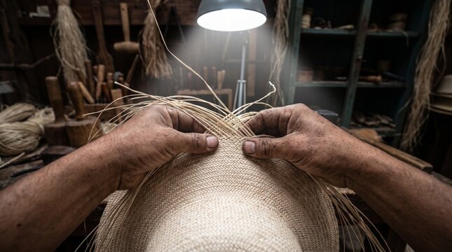 Close-up of artisan hands weaving a traditional straw hat under a spotlight in a rustic workshop