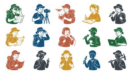 Obraz premium Adventure, Travel Journalism Professions: Diverse Stylized Cartoon Characters Vector Illustration Set