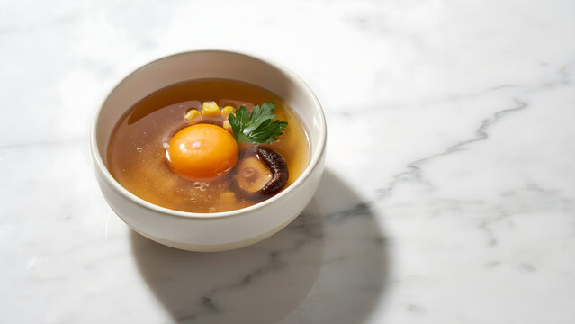 A bowl of clear consomm soup featuring a raw egg yolk, a shiitake mushroom, and corn kernels