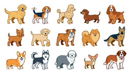 Obraz premium Flat Design Vector Illustration of Various Dog Breeds