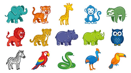 Fototapeta premium Cute Cartoon Wild Animals Vector Set for Children's Education and Wildlife Illustration