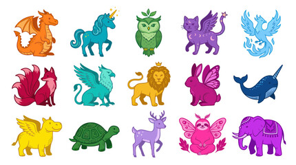 Fototapeta premium Cute Fantasy Animals and Mythical Creatures Flat Vector Illustration Set for Kids Design
