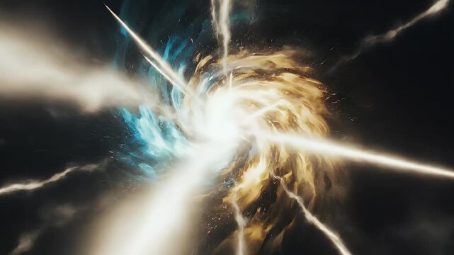 Explosive cosmic collision of blue and gold energy against dark void
