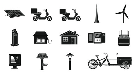 Fototapeta premium Sustainable energy and green transportation silhouettes set.