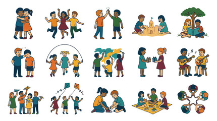 Fototapeta premium Happy Children Playing Learning Flat Vector Illustration Set: Kids Friendship Childhood Development Concepts