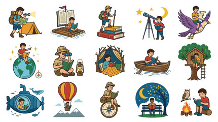 Fototapeta premium Childhood Education and Adventure Cartoon Vector Illustration Set with Boys Reading and Exploring