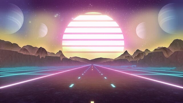 Neon Highway Synthwave Outrun  Road Loop - Futuristic Retro Mountains Landscape Motion Background Wallpaper 4K