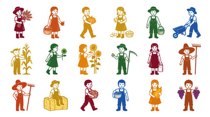 Fototapeta premium Flat Design Agriculture Farm Harvest Icons Set with Farmers, Children, Crops and Garden Tools
