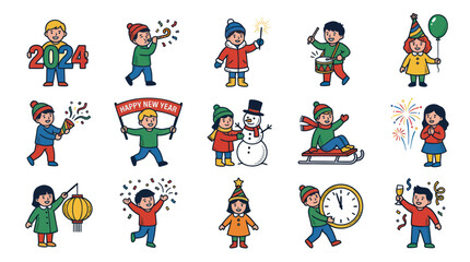 Fototapeta premium Happy New Year Kids Celebrating 2024 with Fireworks, Party, Snowman, Drum, Clock Flat Art