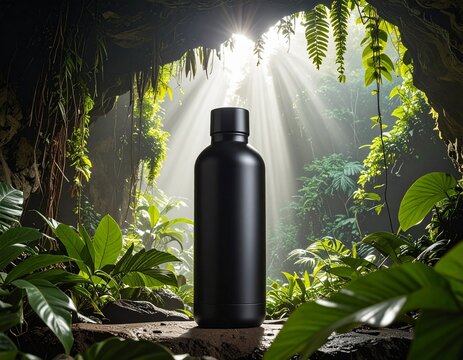 Minimalist white vacuum insulated bottle template placed on a rocky cave floor with atmospheric light rays on ferns