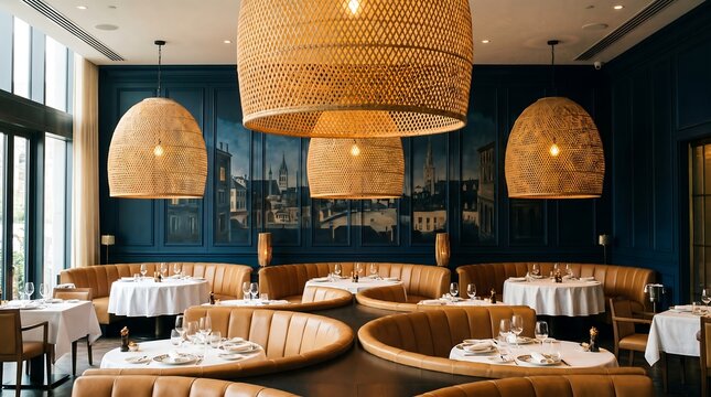 Modern fine dining restaurant interior design with round tables leather booths and large pendant lights.